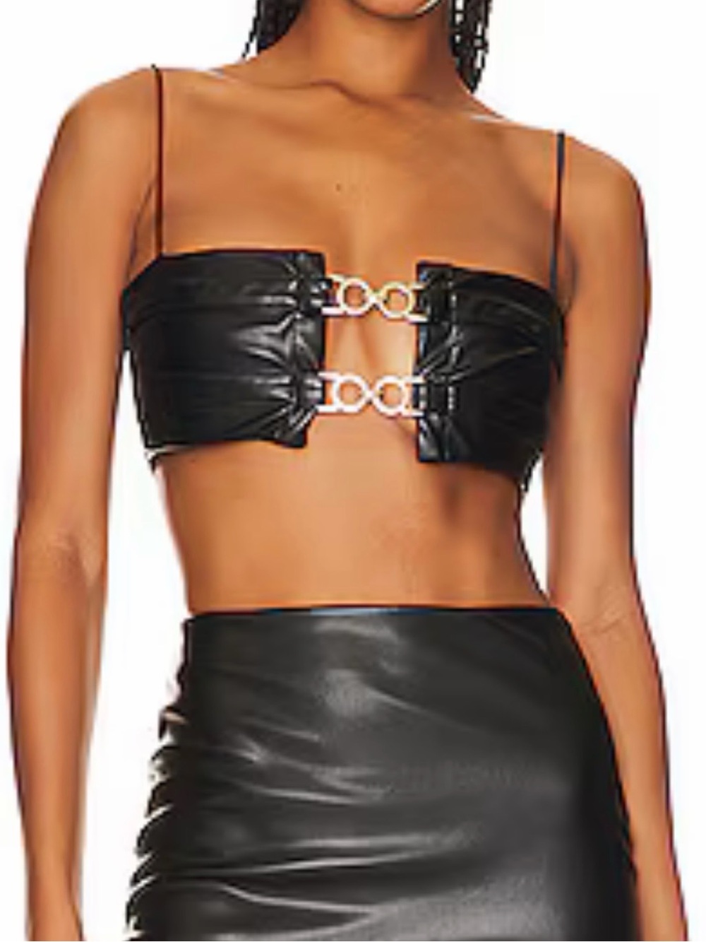 Nookie Drama Crop Top Black Faux Leather Gold Hardware Small NWT